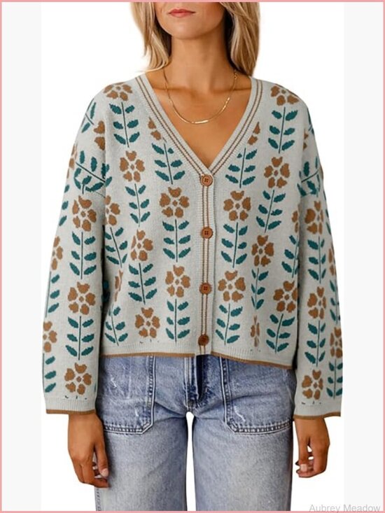 Sweaters - Floral Print V Neck Cardigan Open Front Button Down Knit Sweater Long Sleeve
